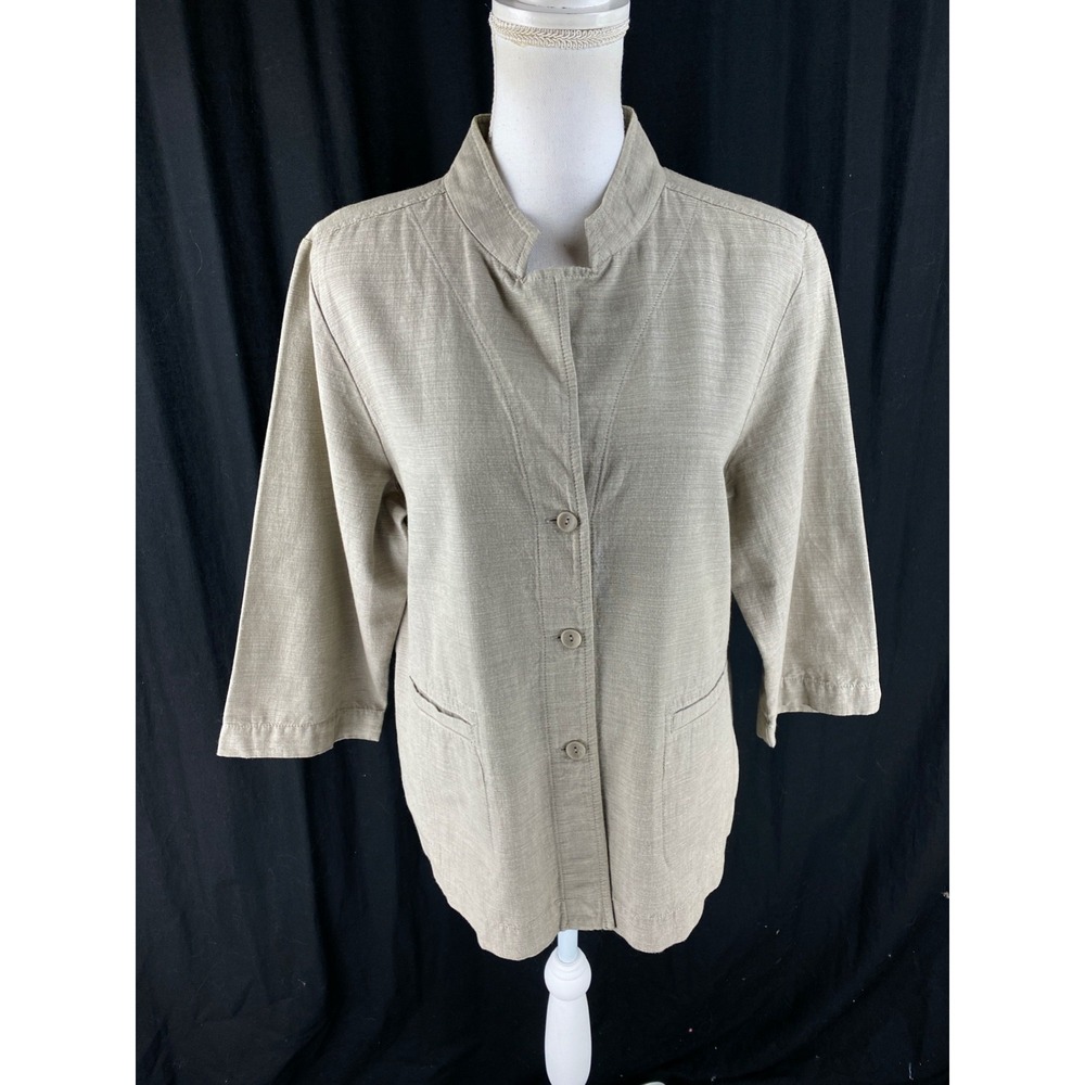 Eileen Fisher Womens L 3/4 Sleeve Beige Button Jacket Lagenlook Pockets S9KY-1